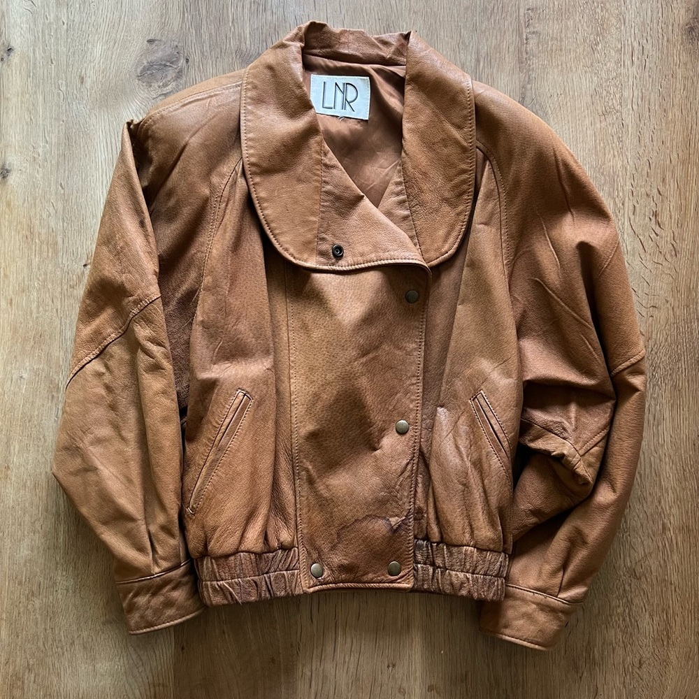 LNR 1980's Tan Brown Leather Bomber Jacket